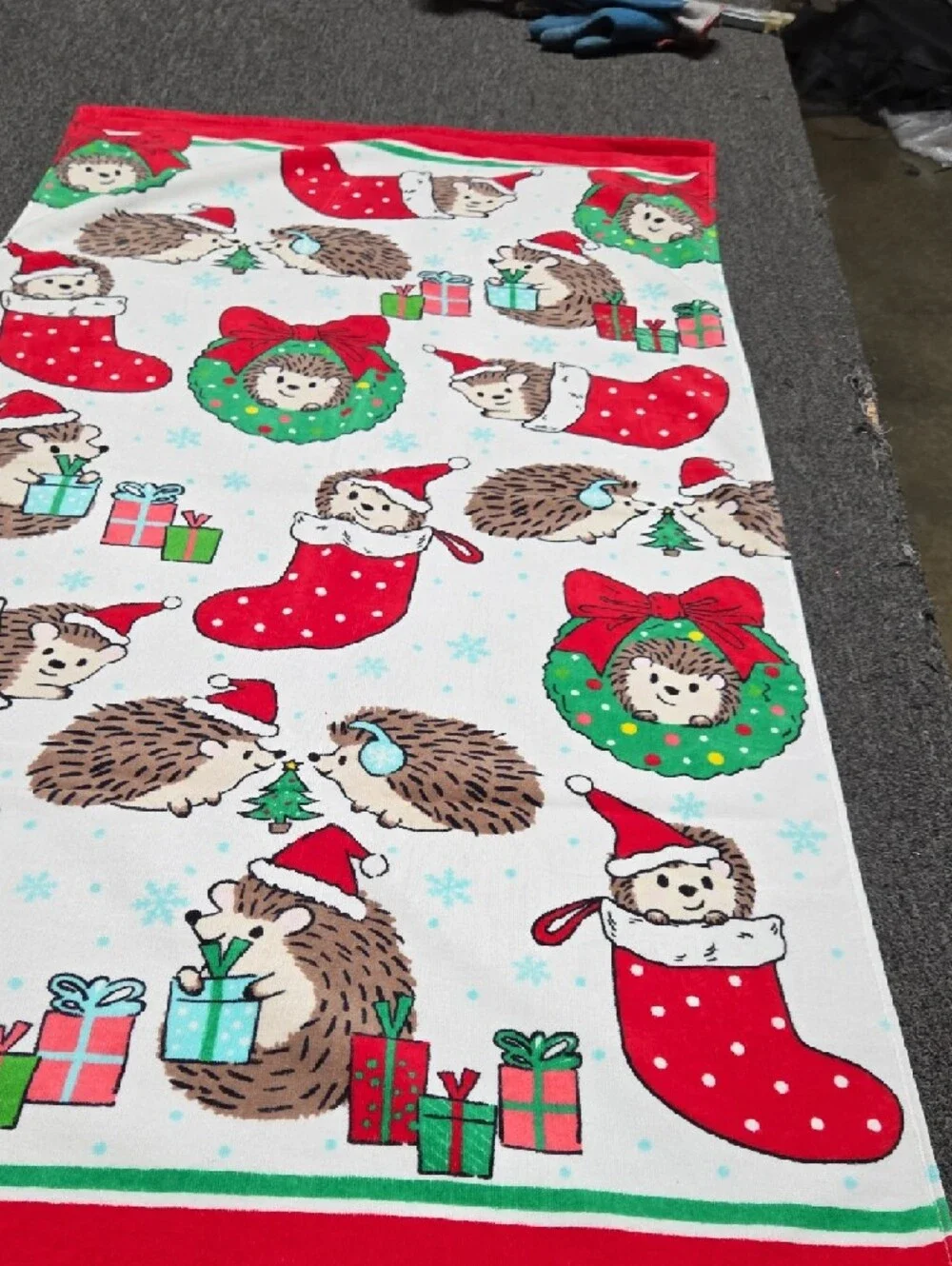 Holiday Hedgehog Christmas Stocking Print Beach Towel - Red, Green, White